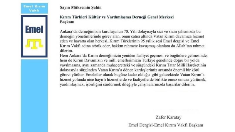 Emel Kırım Vakfı’ndan. 70. Yıl Dönümümüz Tebrik Mesajı